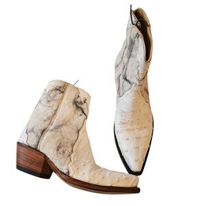 Back At The Ranch White Marble Ostrich Zipper Ankle Cowboy Boots